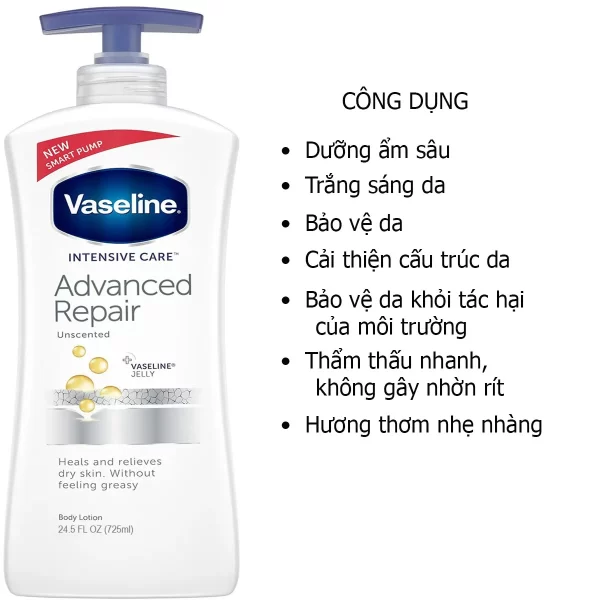 Công dụng Sữa vaseline dưỡng thể trắng da Advanced Repair 725ml