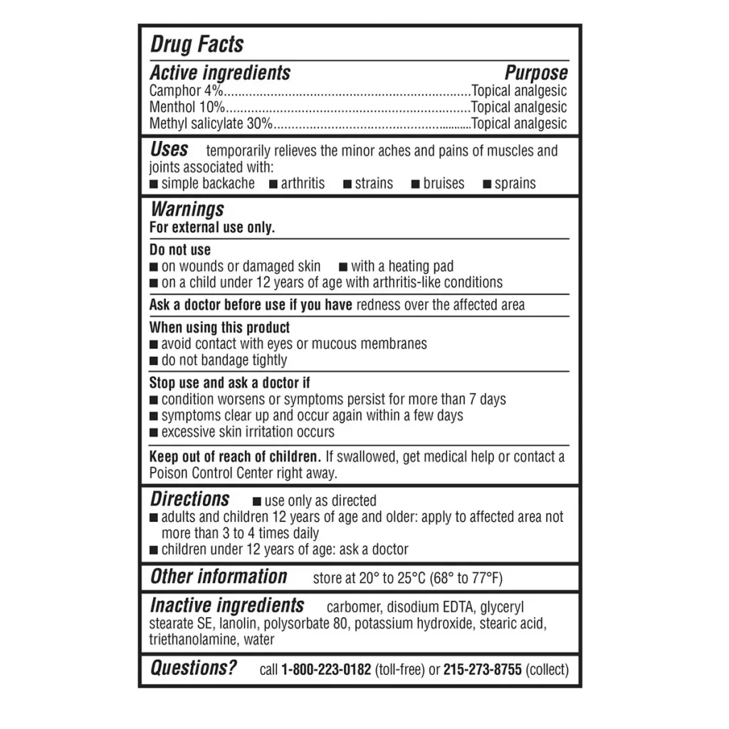 Thành phần Kem xoa bóp giảm đau Bengay Ultra Strength 2 tuýp 226g của Mỹ