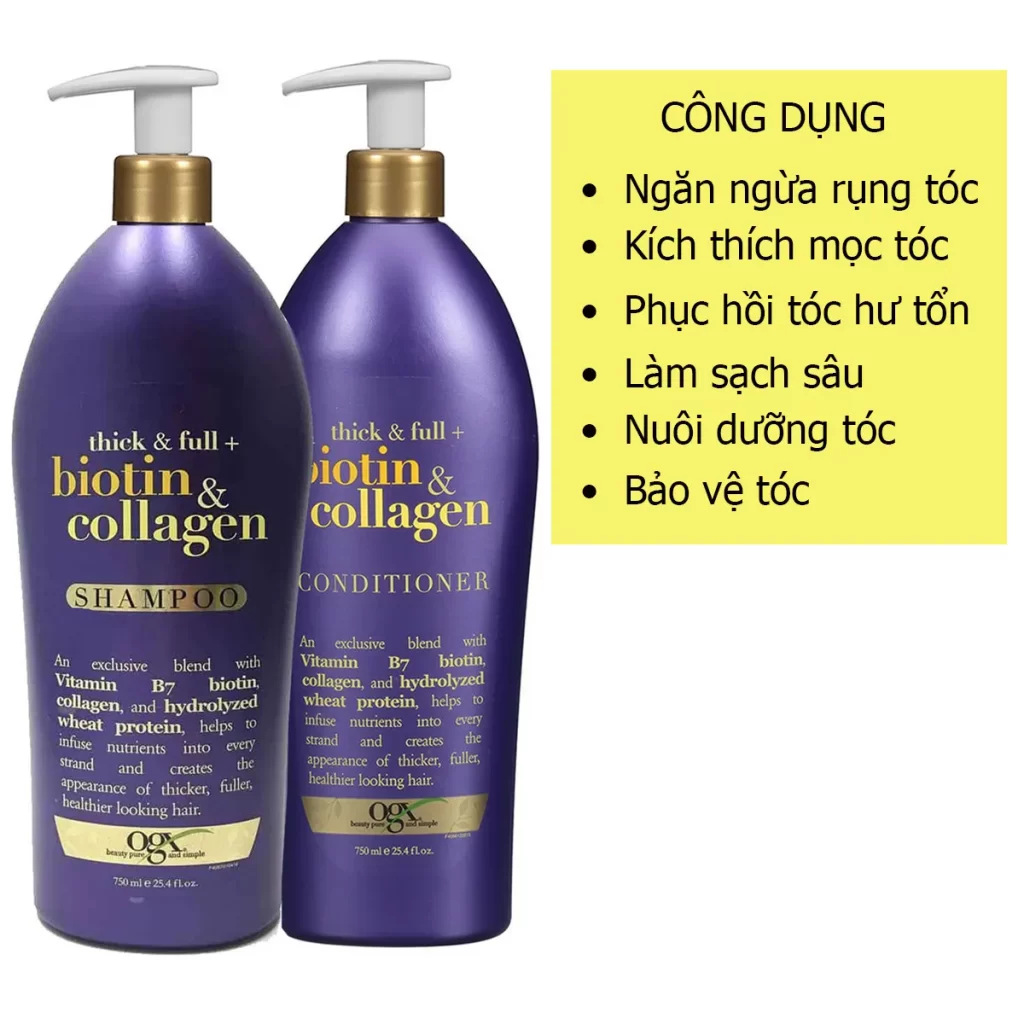 Công dụng  Cặp gội xả chống rụng tóc biotin collagen ogx 750ml x2 của Mỹ