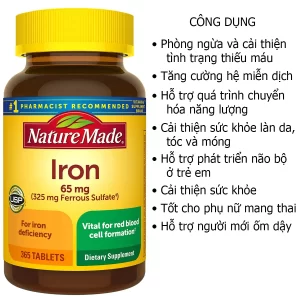 Công dụng Viên uống bổ sung sắt nature made iron 365 viên của Mỹ