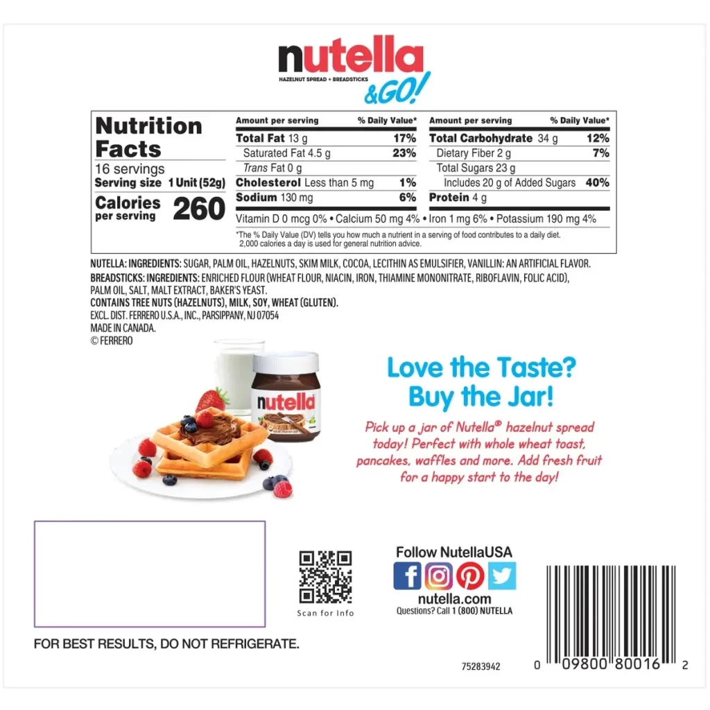 Thành phần Bánh que chấm Socola Nutella & Go 16 hộp của Mỹ Thành phần Bánh que chấm Socola Nutella & Go 16 hộp của Mỹ