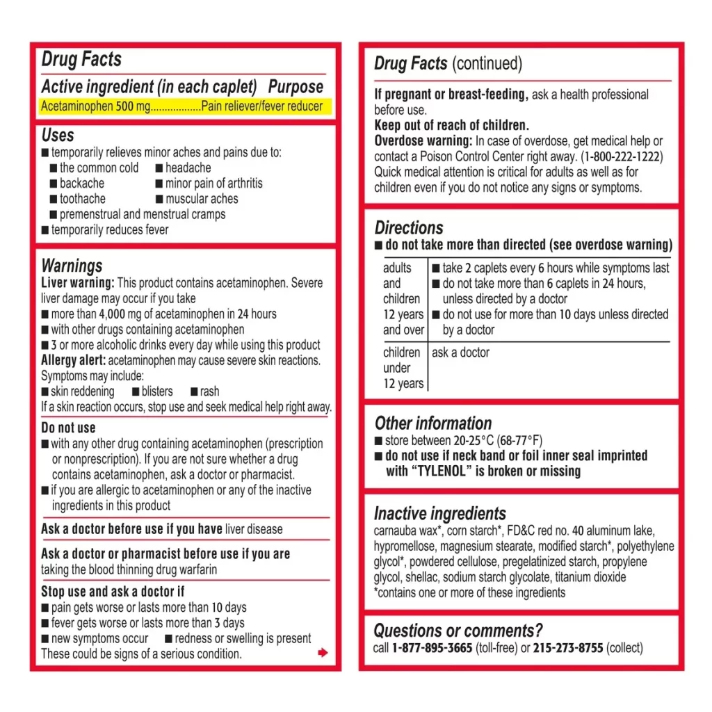 Thành phần Giảm đau Tylenol Acetaminophen Extra Strength 500mg 325 viên Mỹ
