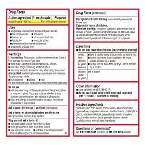 Thành phần Giảm đau Tylenol Acetaminophen Extra Strength 500mg 325 viên Mỹ