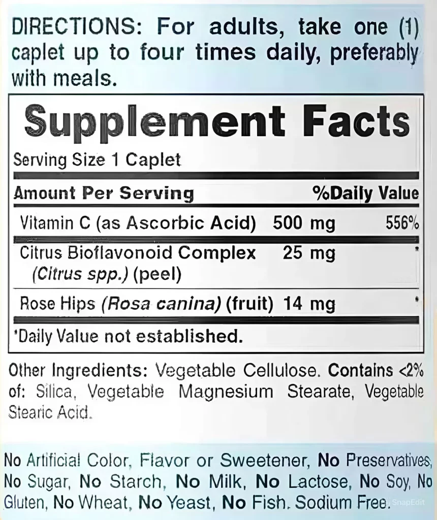 Thành phần  Viên uống Vitamin C 500mg Puritan's Pride 100 viên của Mỹ Thành phần  Viên uống Vitamin C 500mg Puritan's Pride 100 viên của Mỹ