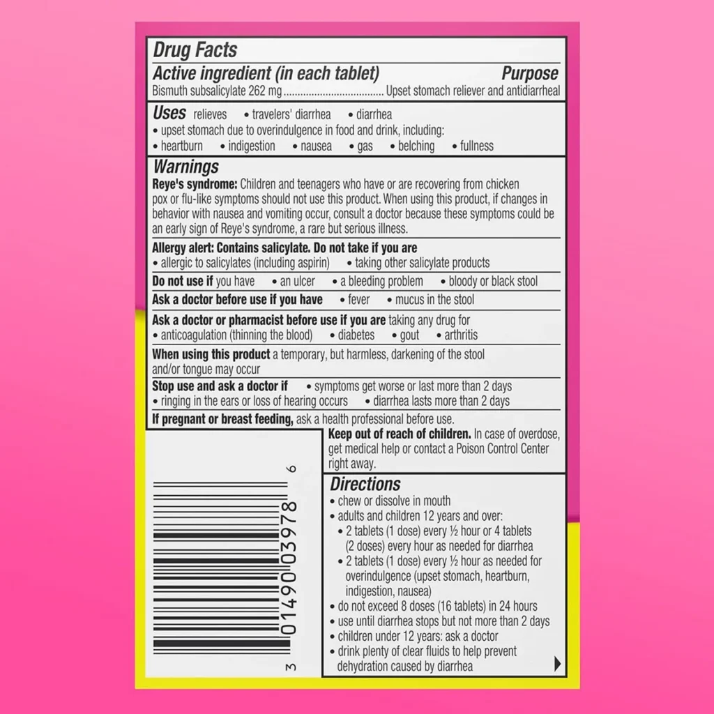 Thành phần Viên nhai trị tiêu hóa dạ dày pepto bismol chewables 30 viên của Mỹ