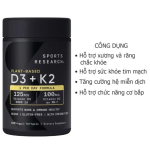 Công dụng Viên vitamin D3 K2 thuần chay Sports Research 160 viên của Mỹ