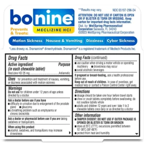 Thành phần Viên uống chống say tàu xe Bonine vị mâm xôi 8 viên của Mỹ