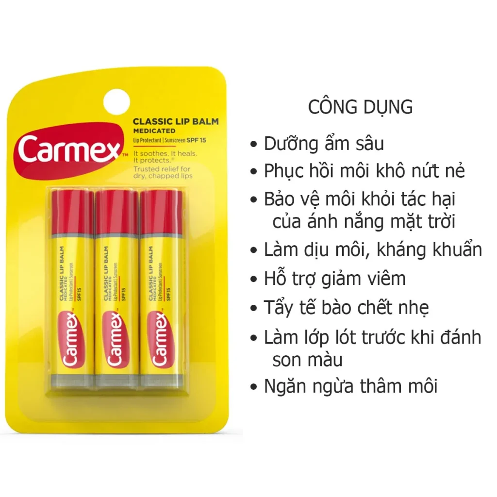 Công dụng  Son dưỡng môi Carmex Classic Lip Balm 4.25g x 3 thỏi của Mỹ