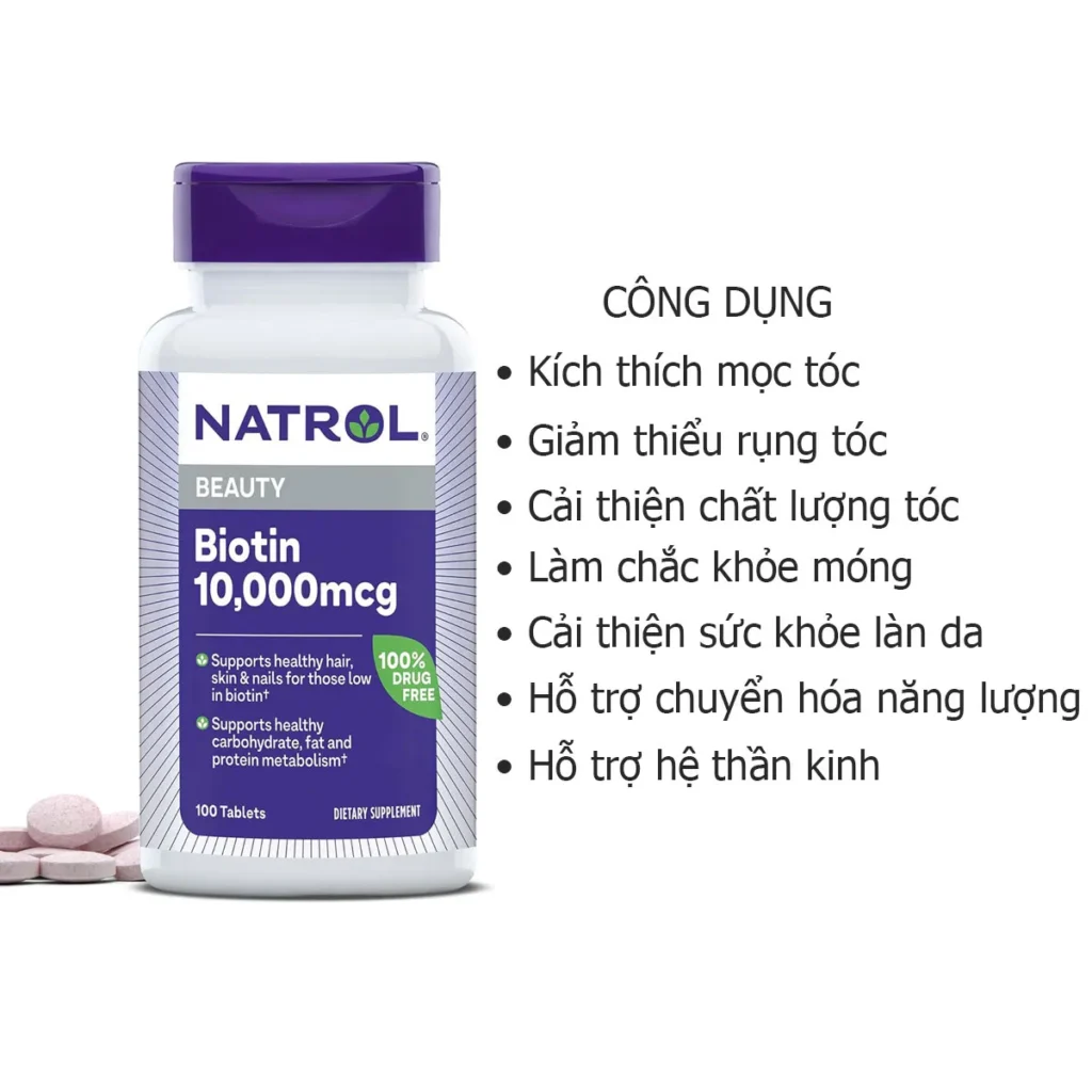 Công dụng  Viên Natrol Biotin 10,000mcg hỗ trợ mọc tóc và ngăn rụng tóc