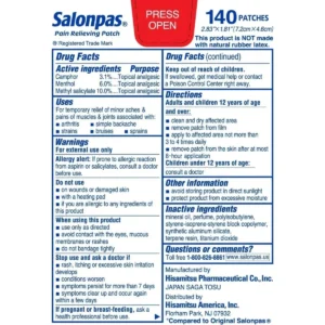 Thành phần Miếng dán Salonpas Hisamitsu 140 miếng của Mỹ