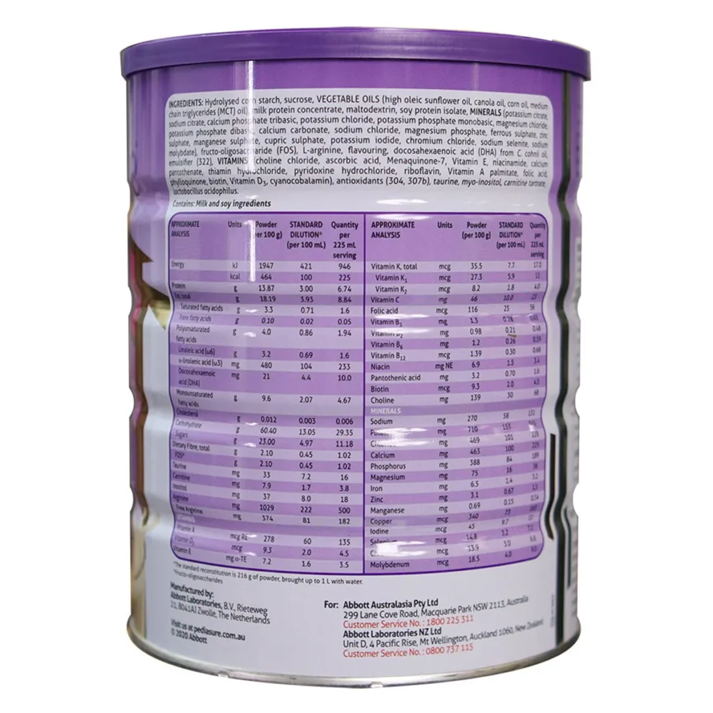 Thành phần Sữa Pediasure Úc dạng bột hương Vani 850g cho bé 1 đến 10 tuổi