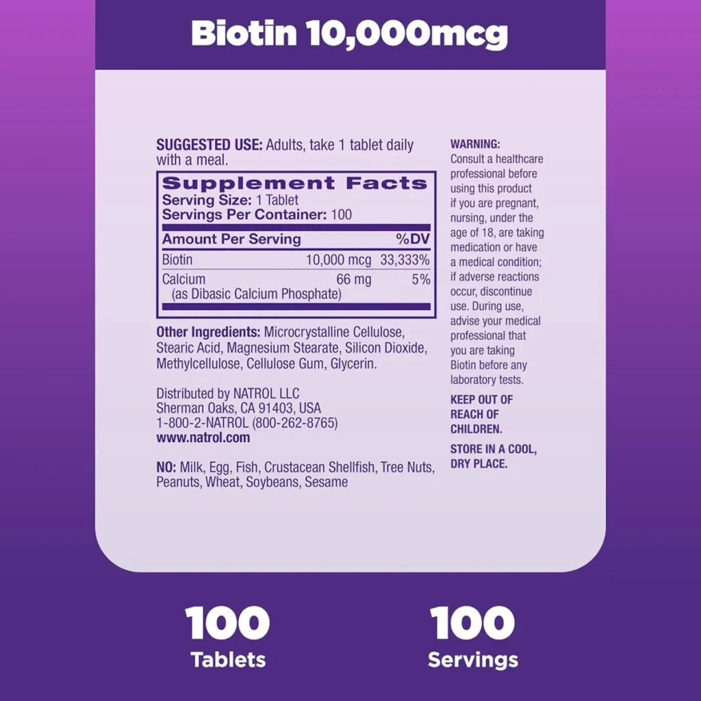 Thành phần Viên Natrol Biotin 10,000mcg hỗ trợ mọc tóc và ngăn rụng tóc