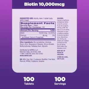 Thành phần Viên Natrol Biotin 10,000mcg hỗ trợ mọc tóc và ngăn rụng tóc