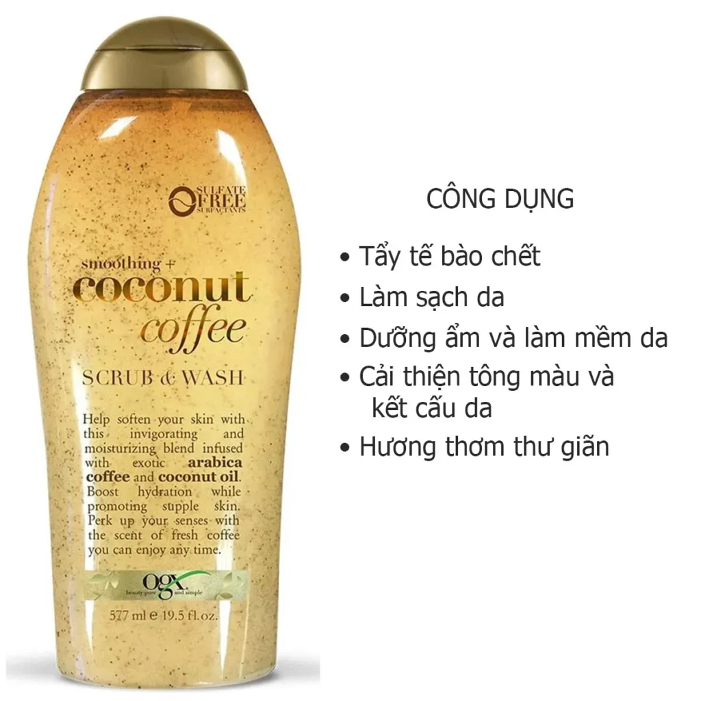 Công dụng  Coconut Coffee OGX Sữa Tắm Tẩy Tế Bào Chết 577ml của Mỹ