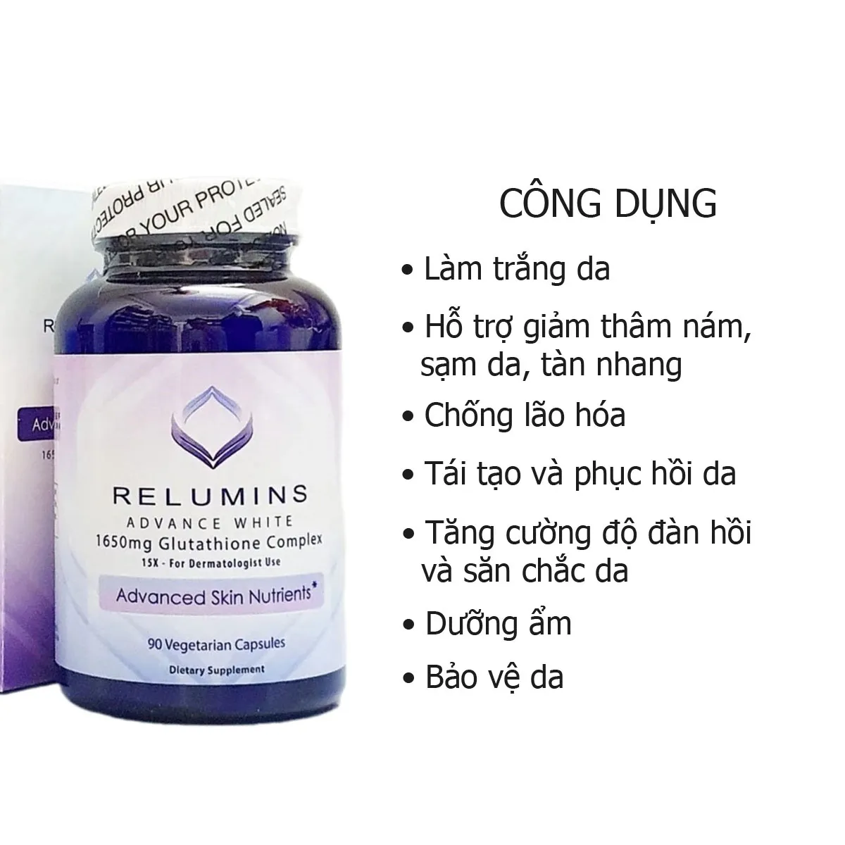 Công dụng Viên trắng da Relumins Glutathione 1650mg 90 viên của Mỹ  Công dụng Viên trắng da Relumins Glutathione 1650mg 90 viên của Mỹ