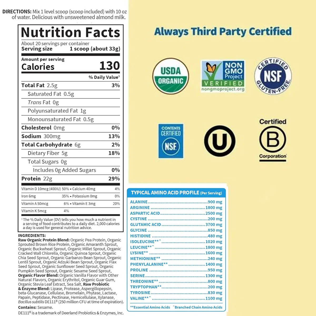 Thành phần Bột Protein thực vật hữu cơ Raw Organic Protein Vanilla của Mỹ