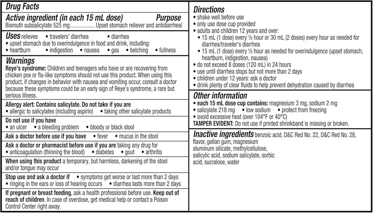 Thành phần Siro Pepto Bismol Ultra hỗ trợ tiêu hóa và dạ dày 354ml của Mỹ