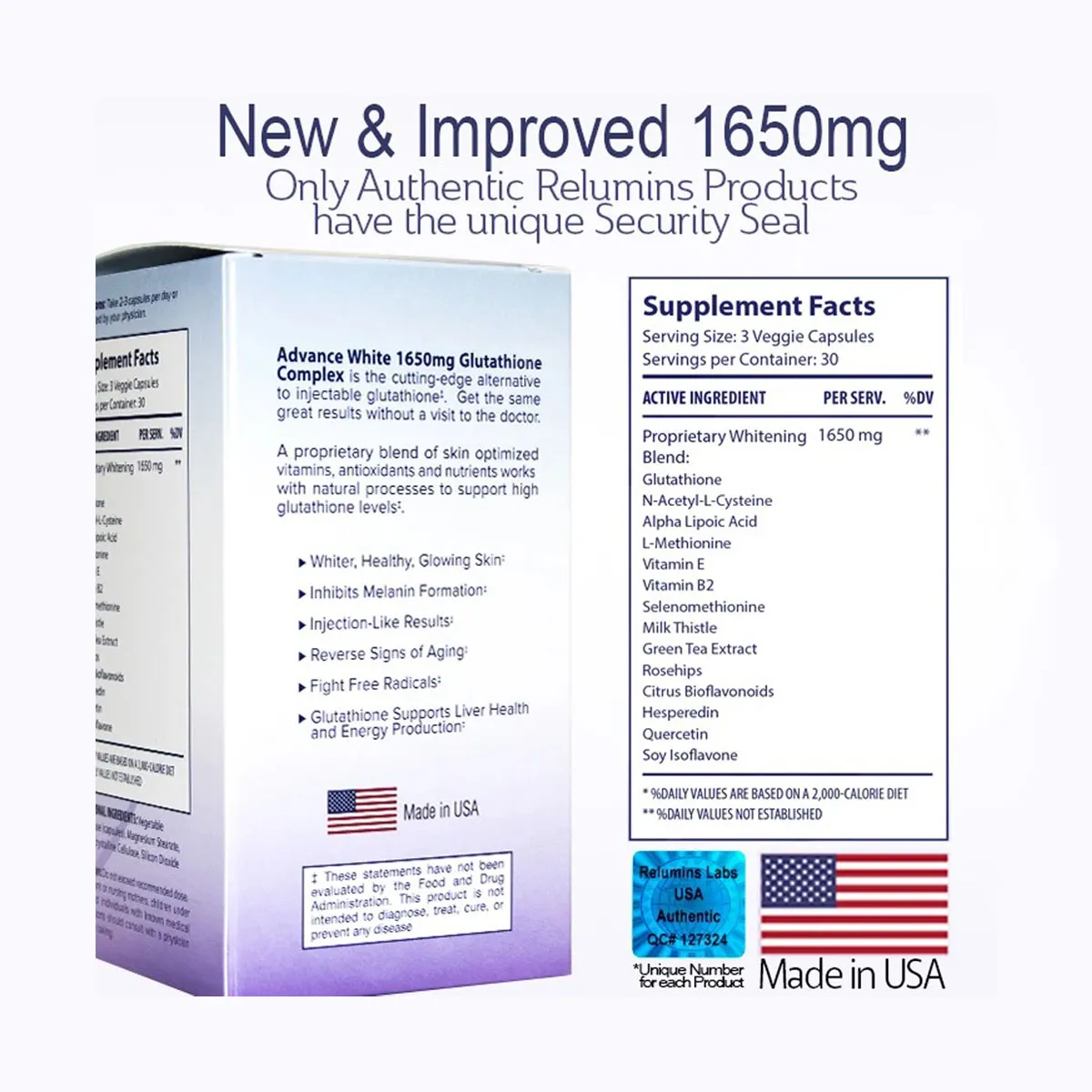 Thành phần Viên trắng da Relumins Glutathione 1650mg 90 viên của Mỹ