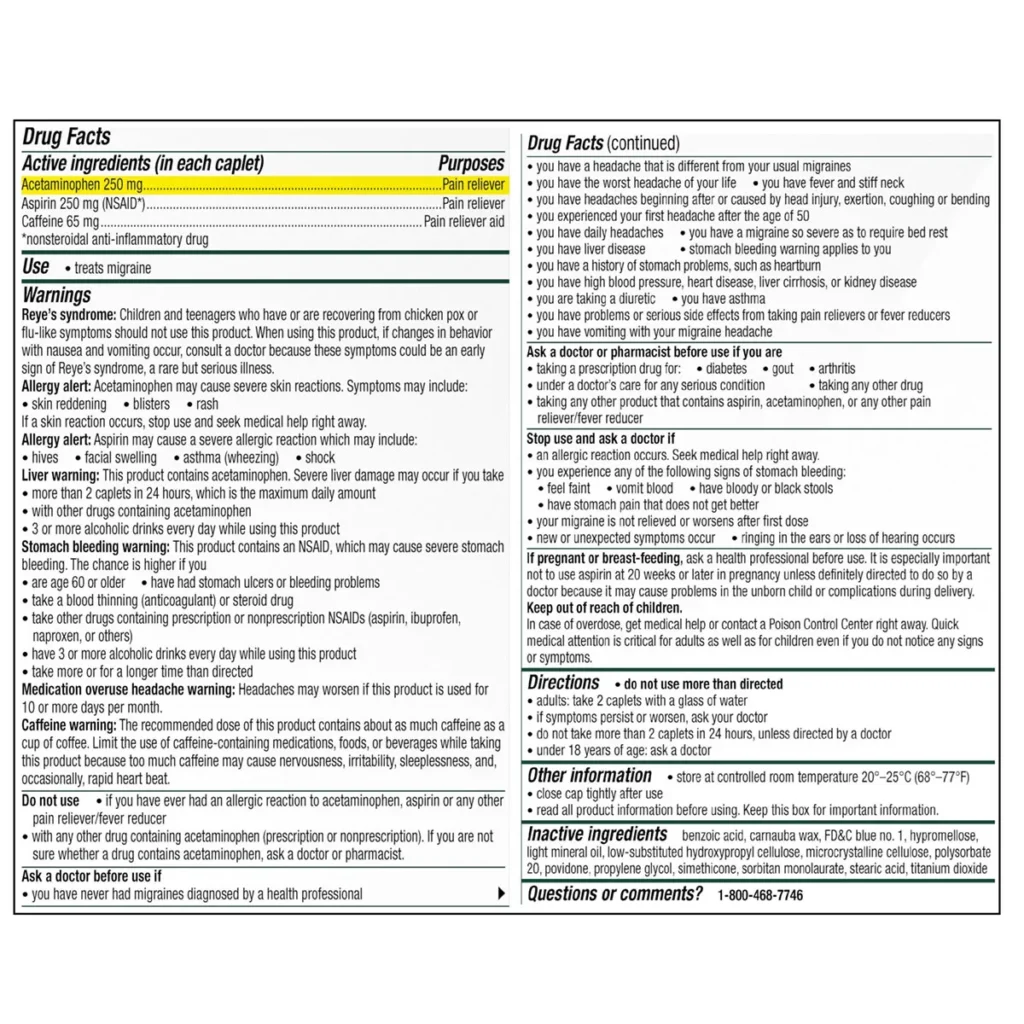 Thành phần Viên hỗ trợ chứng đau nửa đầu Excedrin Migraine 300 viên Mỹ