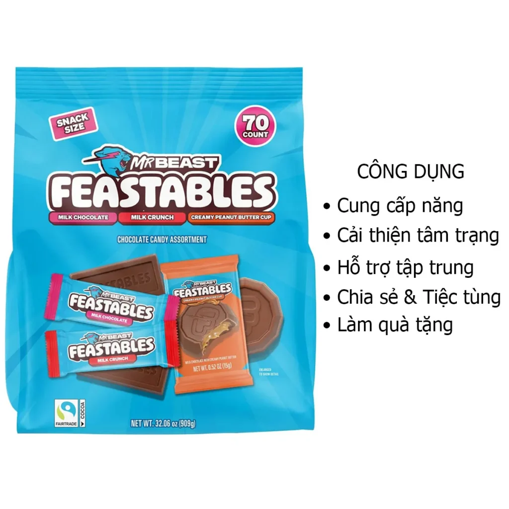 Công dụng Kẹo Socola Mrbeast Frestables Chocolate 909g của Mỹ