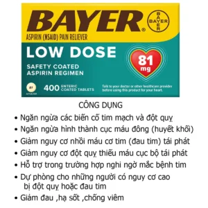 Công dụng Viên uống Bayer Low Dose Aspirin 81mg 400 viên của Mỹ