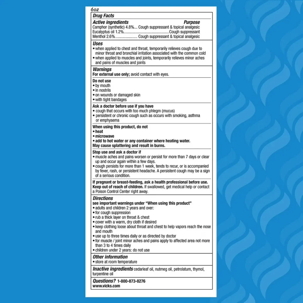 Thành phần Dầu ấm ngực Vicks VapoRub Cough Suppressant 100g của Mỹ