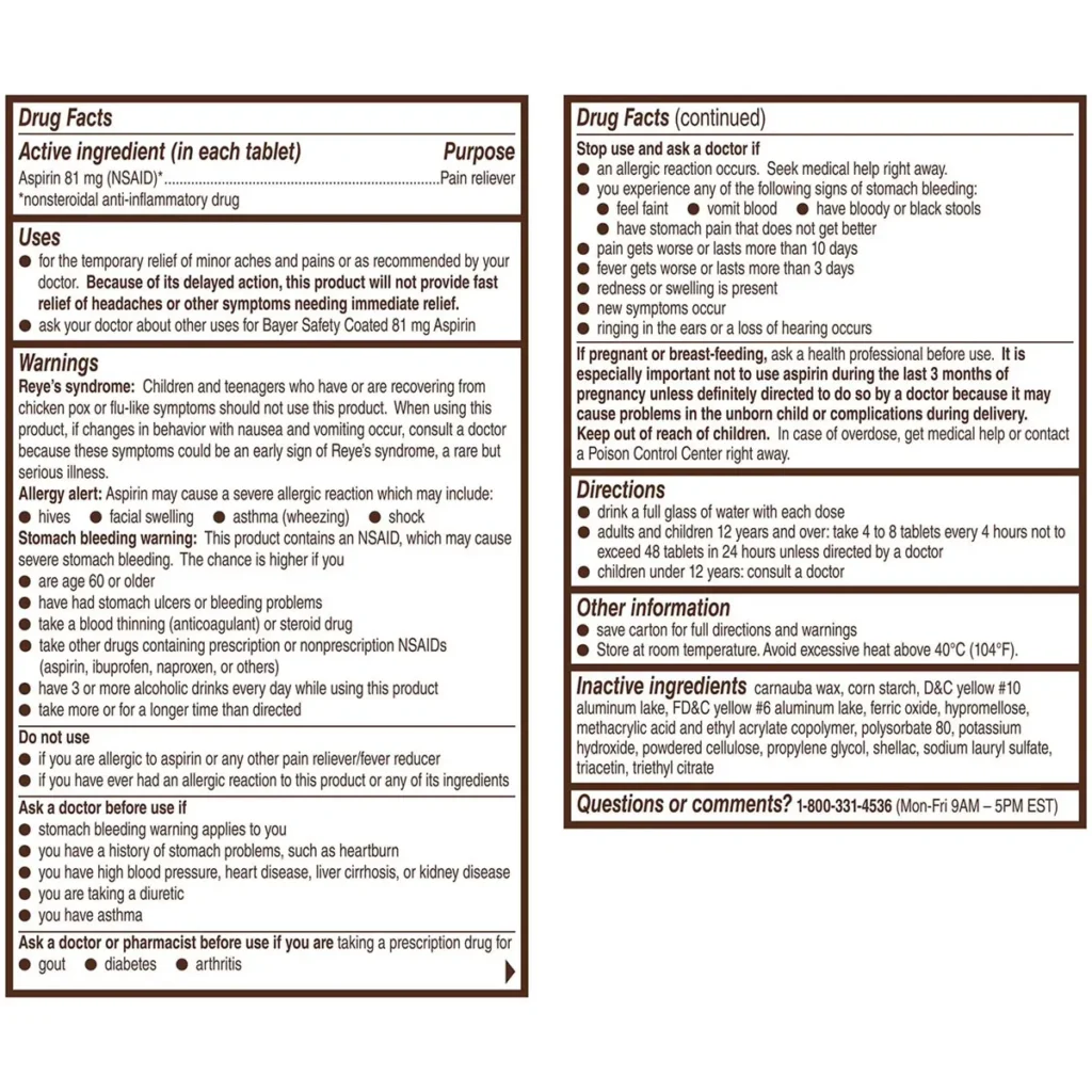 Thành phần Viên uống Bayer Low Dose Aspirin 81mg 400 viên của Mỹ