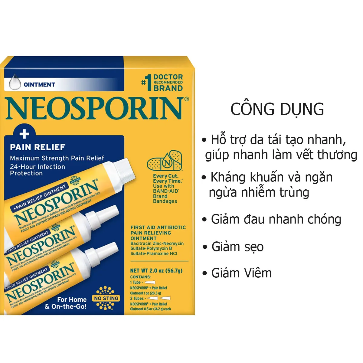 Công dụng Kem Neosporin Pain Relief Dual Action Ointment của Mỹ