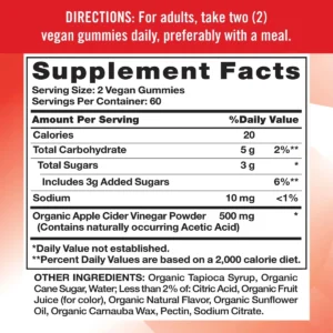 Thành phần Apple Cider Vinegar Gummies kẹo dẻo giấm táo 120 viên của Mỹ