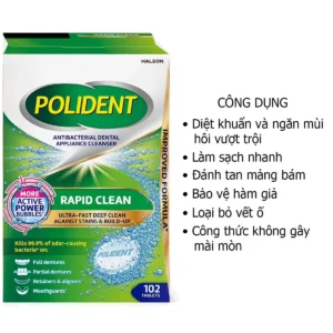 Công dụng Viên sủi ngâm vệ sinh răng giả Polident Rapid Clean 102 viên Mỹ