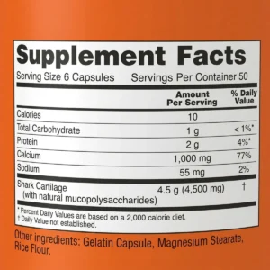 Thành phần Sụn cá mập Shark Cartilage 750mg Now 300 viên của Mỹ