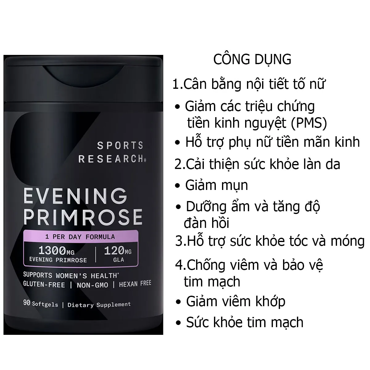 Công dụng  Hoa anh thảo Sports Research Evening Primrose 1300mg Mỹ