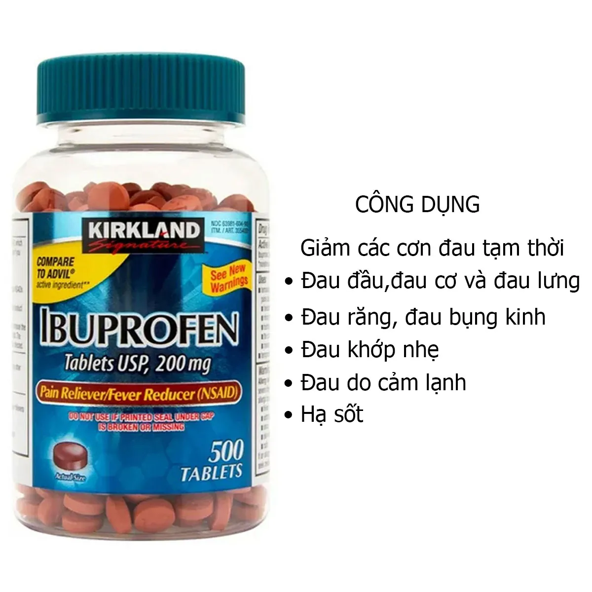 Công dụng Viên giảm đau hạ sốt Kirkland Ibuprofen 200mg 500 viên của Mỹ Công dụng Viên giảm đau hạ sốt Kirkland Ibuprofen 200mg 500 viên của Mỹ