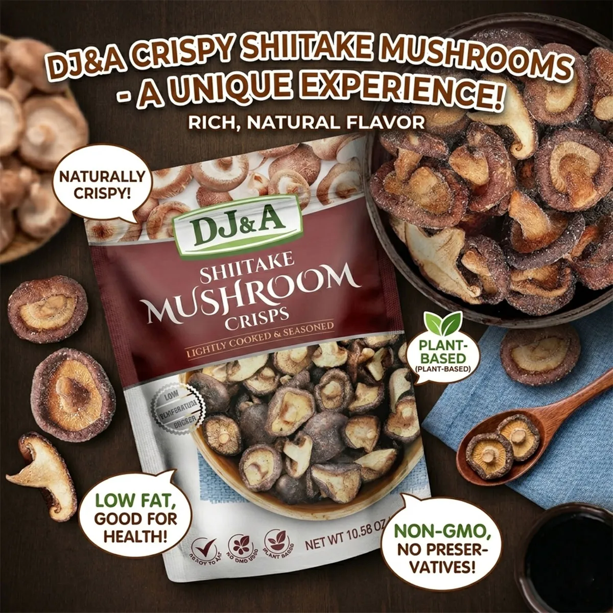 Giới thiệu Nấm hương sấy giòn Shiitake Mushroom Crisps DJ&A 300g Mỹ