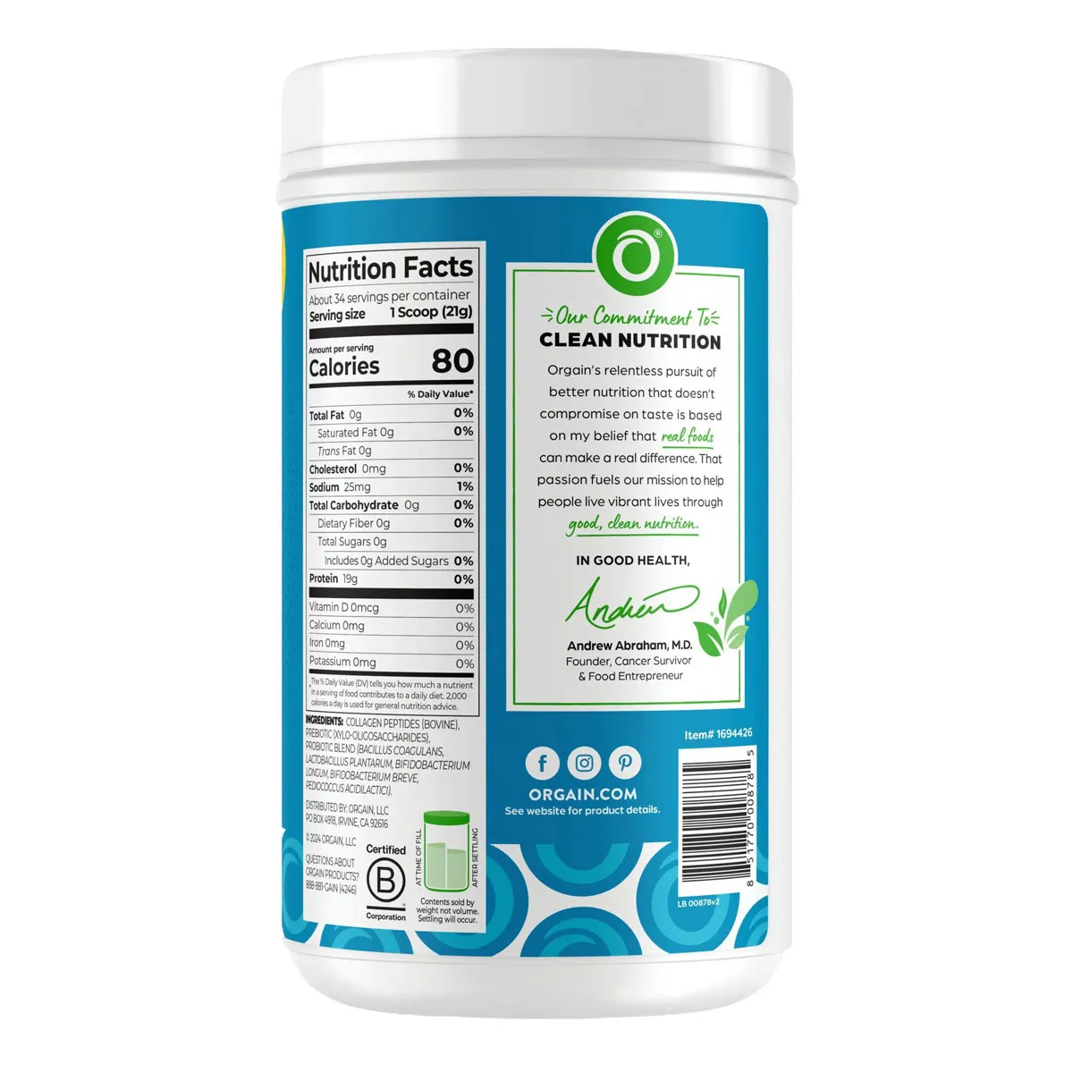 Bột Orgain Collagen Peptides Probiotics 726g của Mỹ - Ảnh 3