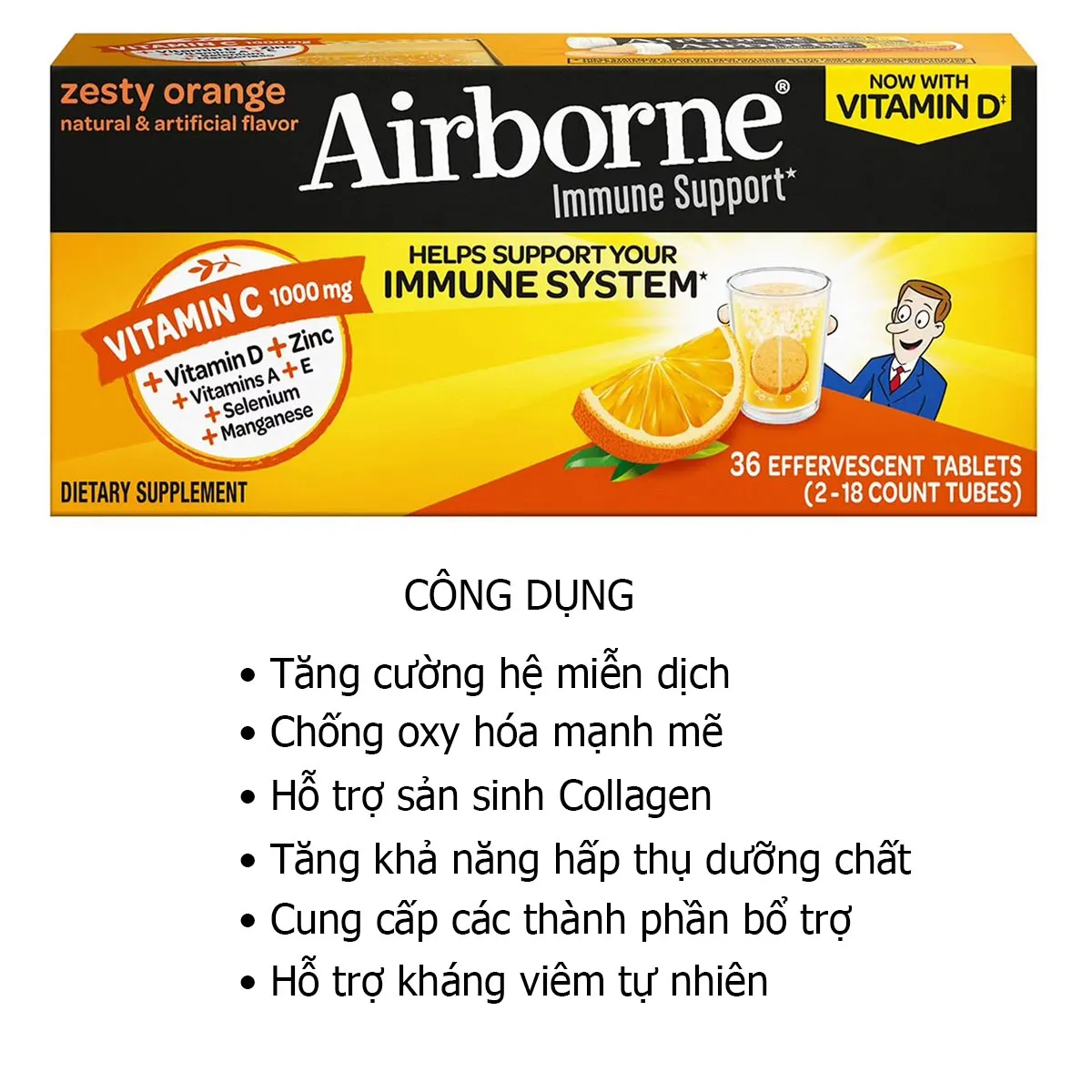Công dụng Sủi Airborne Immune Support Vitamin C 1000mg 36 Viên Mỹ Công dụng Sủi Airborne Immune Support Vitamin C 1000mg 36 Viên Mỹ