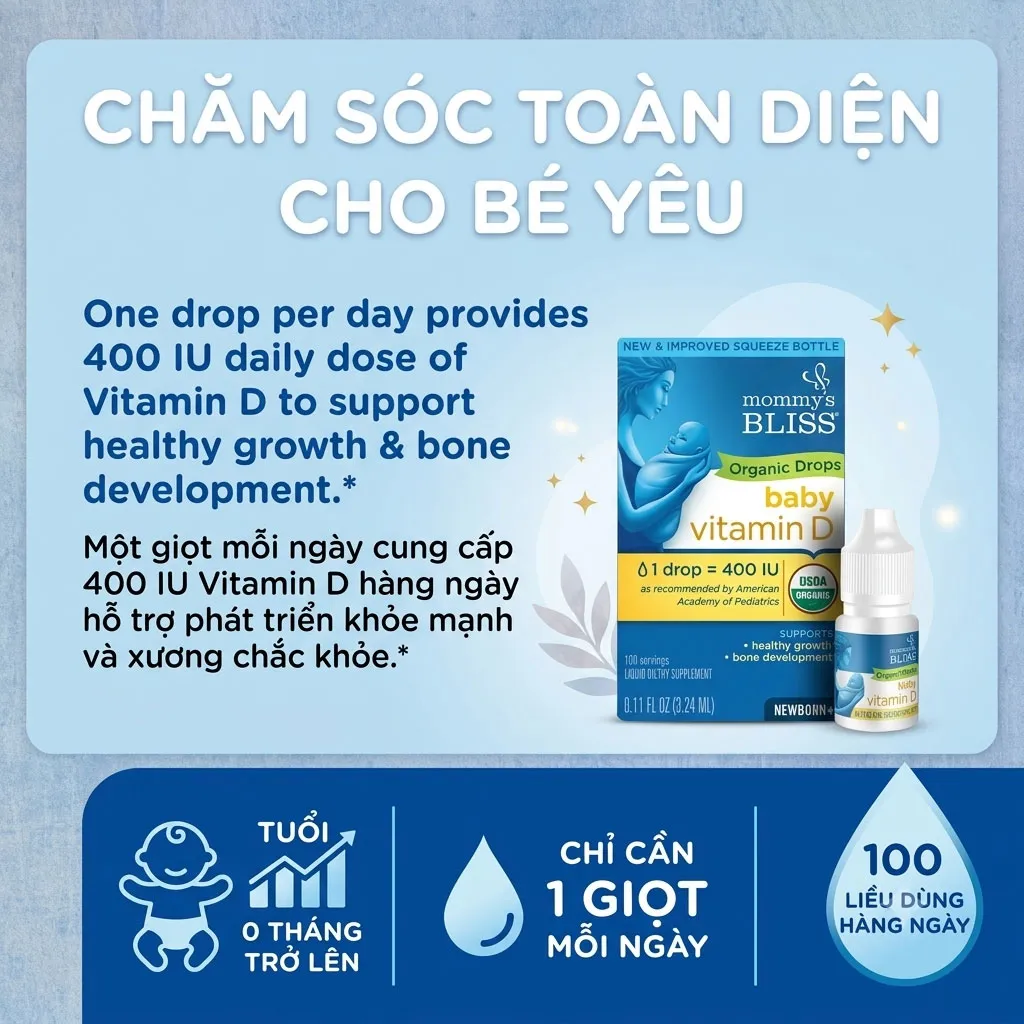 Giới thiệu Vitamin D3 Hữu cơ Cho Bé Mommy's Bliss Organic Drops 400IU Giới thiệu Vitamin D3 Hữu cơ Cho Bé Mommy's Bliss Organic Drops 400IU