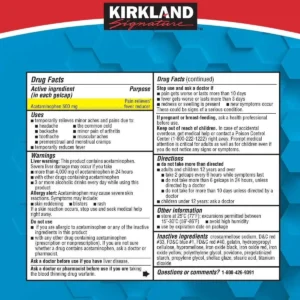 Thành phần Viên Extra Strength Acetaminophen 500mg Kirkland của Mỹ