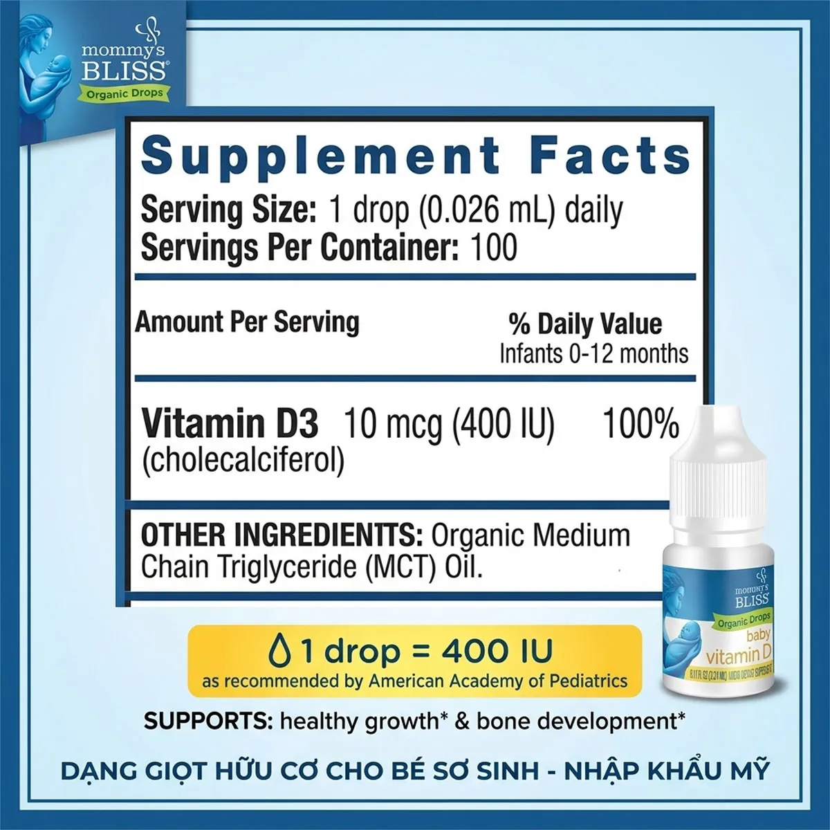 Thành phần Vitamin D3 Hữu cơ Cho Bé Mommy's Bliss Organic Drops 400IU Thành phần Vitamin D3 Hữu cơ Cho Bé Mommy's Bliss Organic Drops 400IU