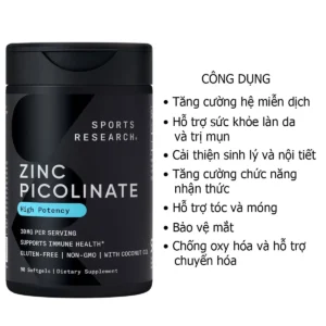 Công dụng Viên Zinc Picolinate 30mg Sports Research 90 Viên Kẽm Mỹ