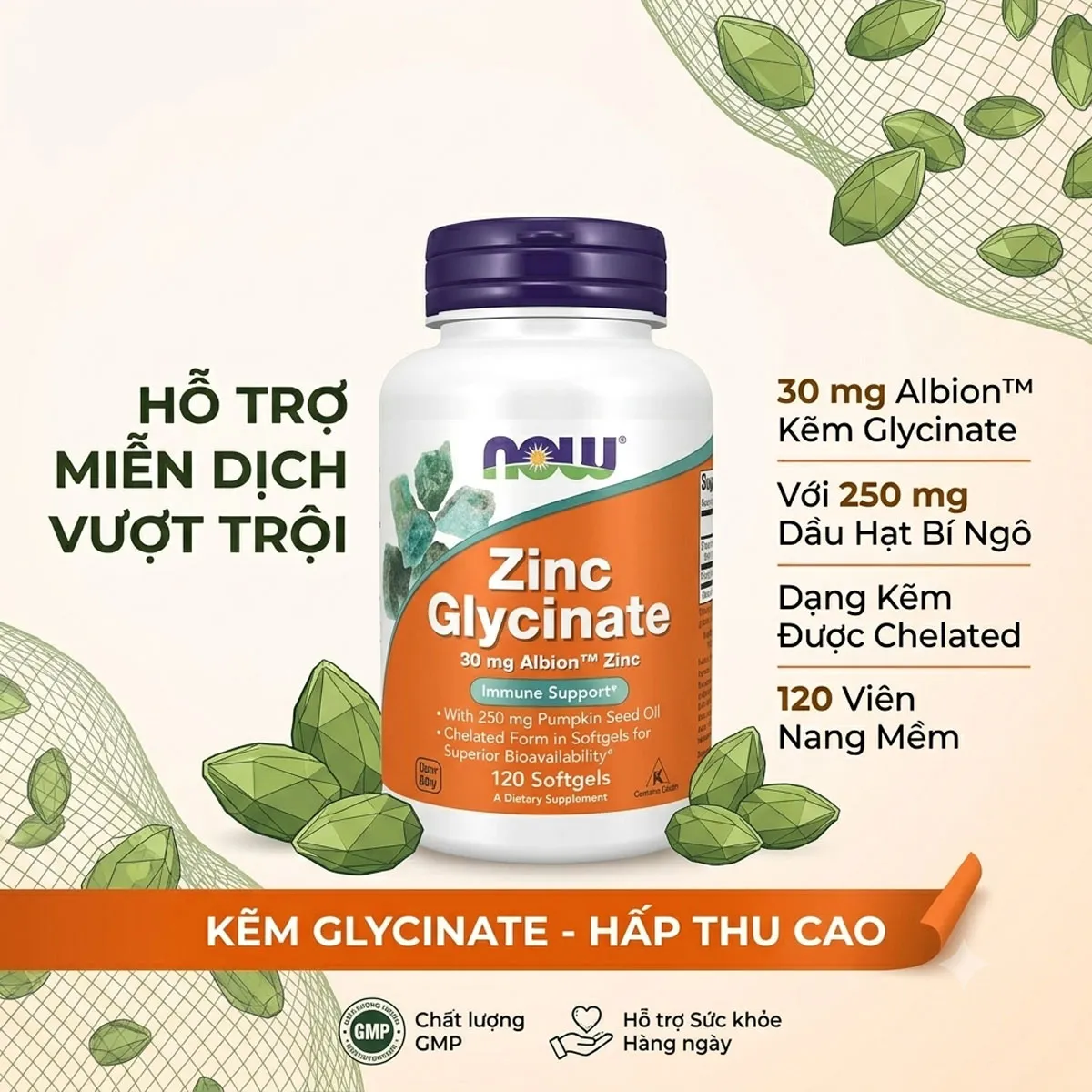 Giới thiệu Zinc Glycinate 30mg NOW Foods Vi Chất Kẽm 120 Viên Mỹ