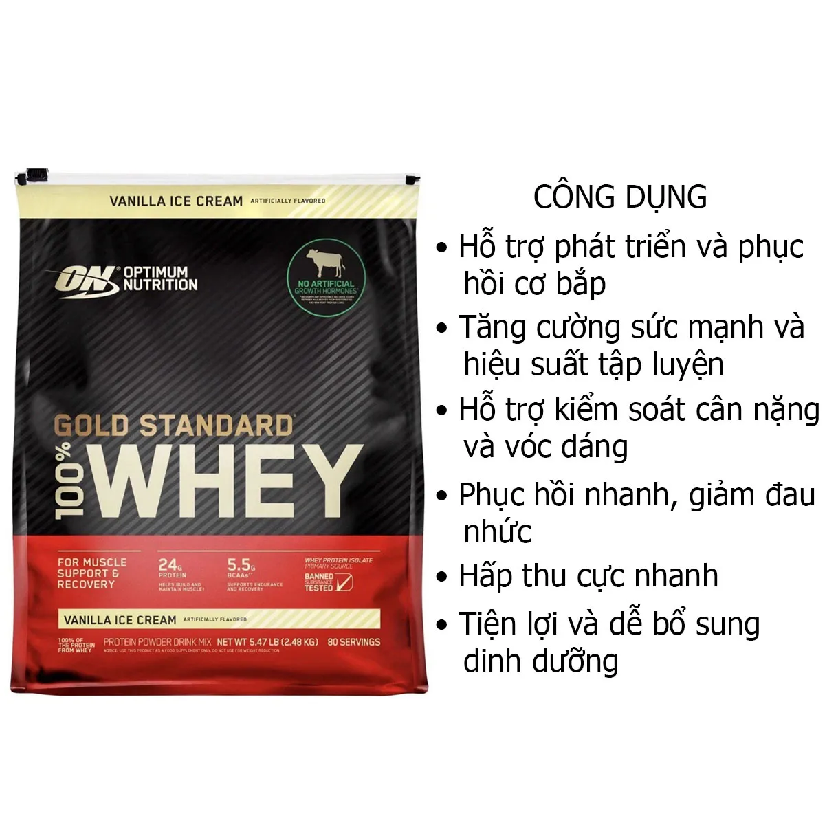 Công dụng Optimum Nutrition Gold Standard 100% Vanilla Ice Cream 2.48kg Mỹ Công dụng Optimum Nutrition Gold Standard 100% Vanilla Ice Cream 2.48kg Mỹ