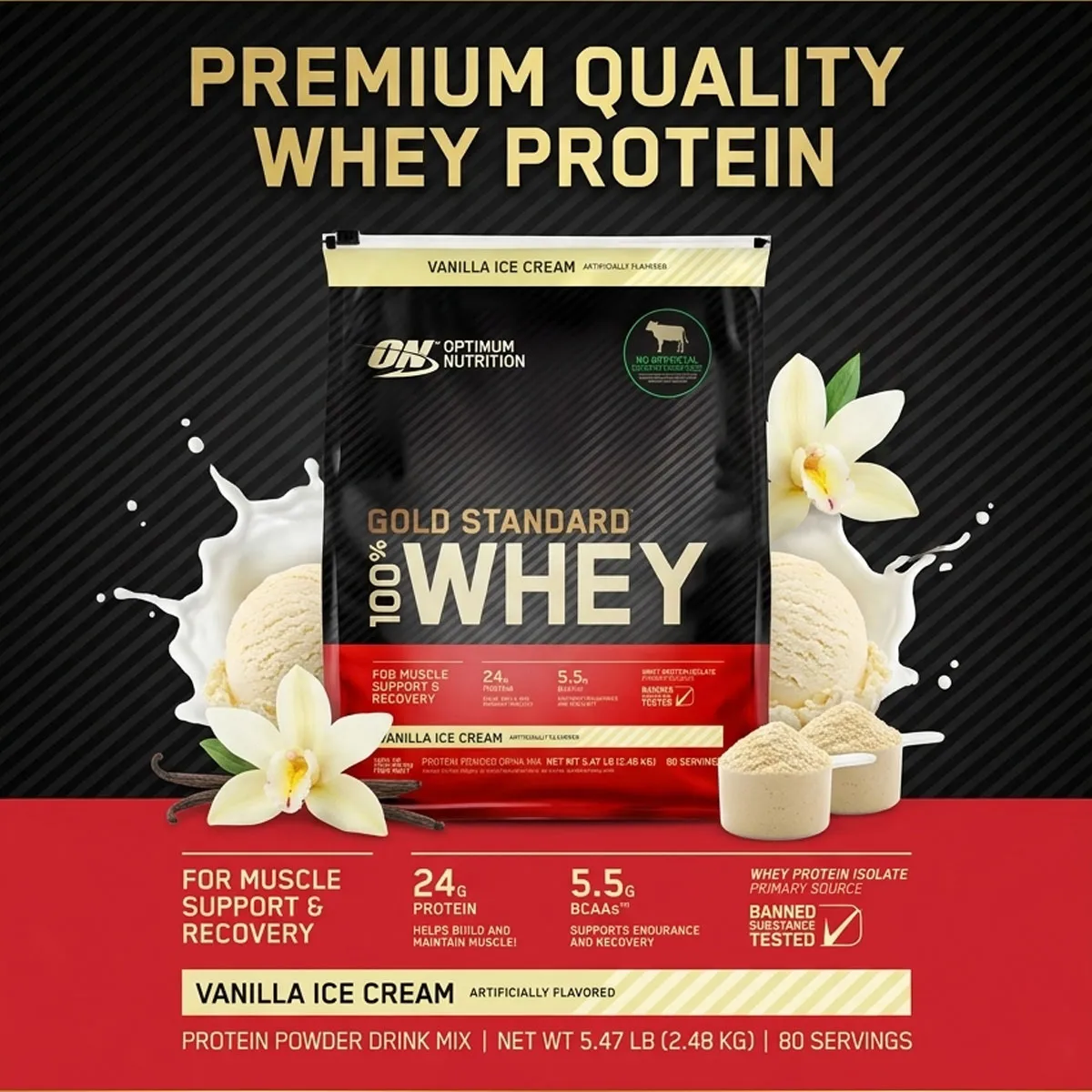 Giới thiệu Optimum Nutrition Gold Standard 100% Vanilla Ice Cream 2.48kg Mỹ Giới thiệu Optimum Nutrition Gold Standard 100% Vanilla Ice Cream 2.48kg Mỹ